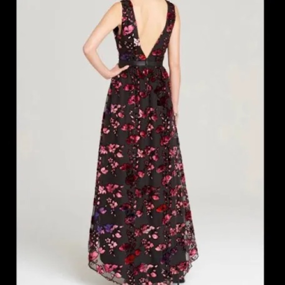 NWT Alice Olivia black sheer gown with pink burnout flowers, size 2